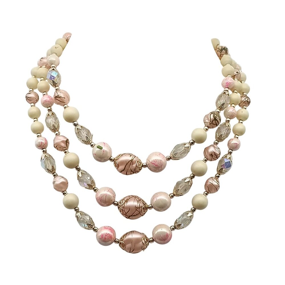 Vintage Triple Strand Beaded Necklace with Faux Pearl & Crystal Choker in Pale